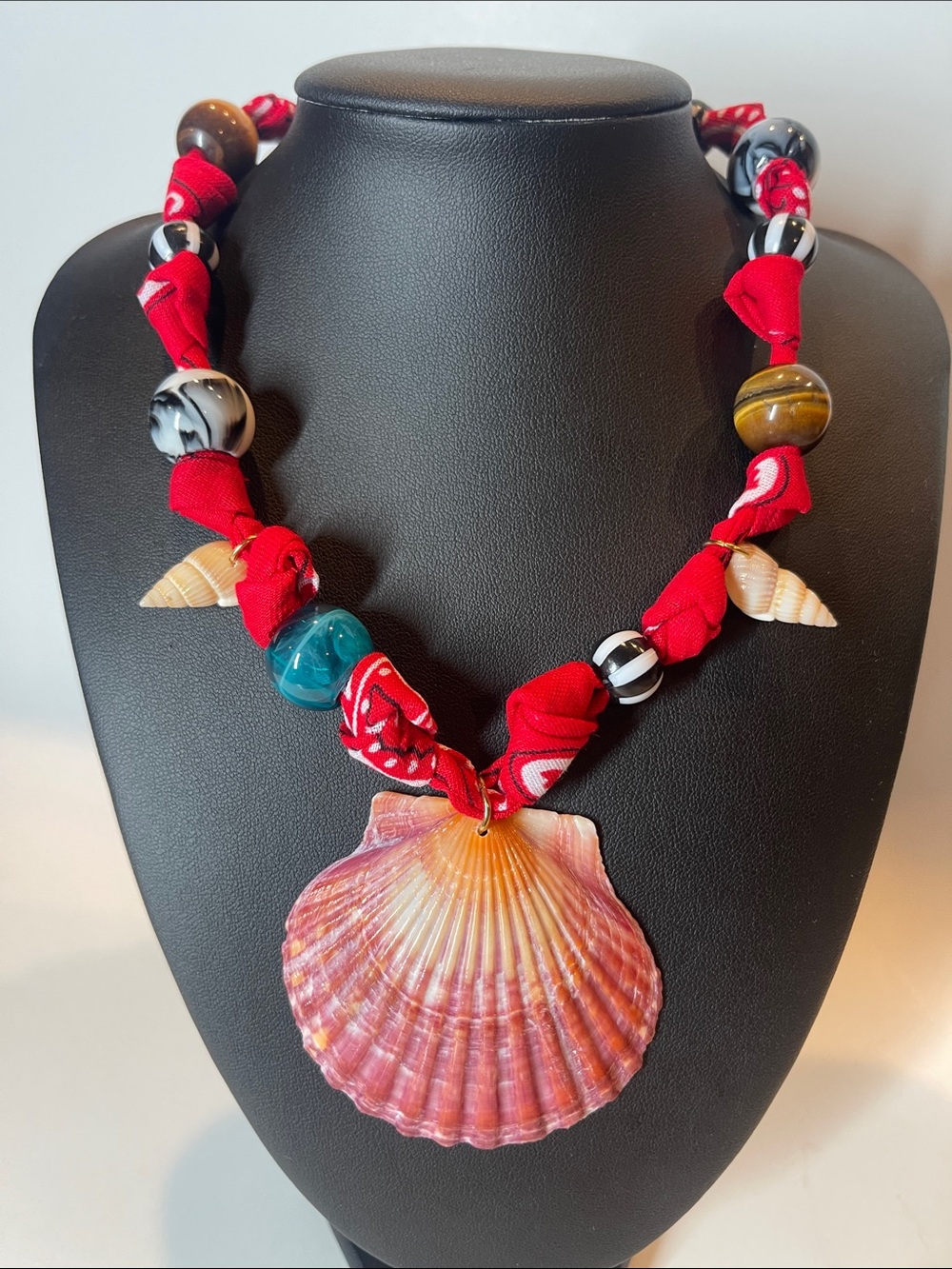 Red Bandana Necklace with Pink Shell Pendant and Mixed Beads 01762